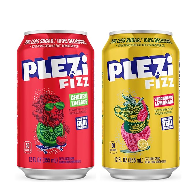 PLEZi FiZZ Cherry Limeade &amp Strawberry Lemonade Sparkling Juice Bundle – No Added Sugar Low Sugar Soda Alternative with Real Fruit Juice &amp Fiber – 12 Fl Oz (24 Cans Total)