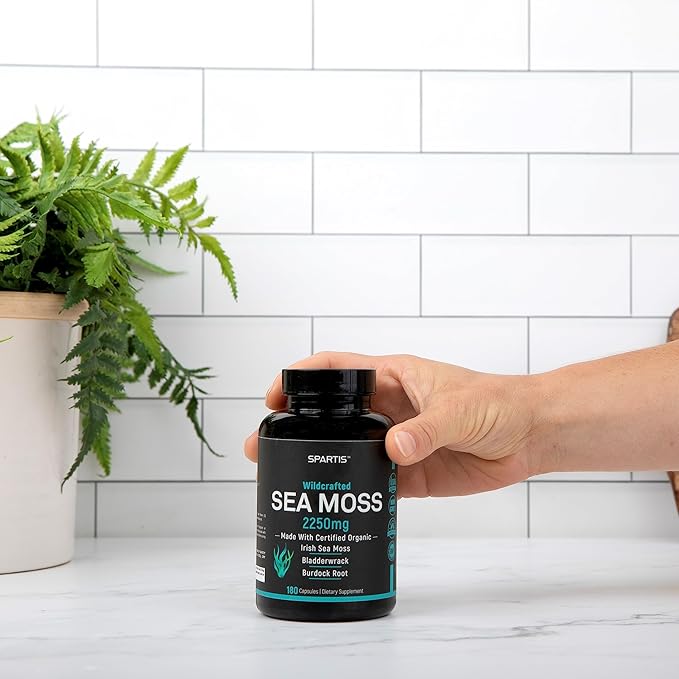 Certified Organic Sea Moss Capsules 2250mg Wildcrafted Irish Sea Moss Burdock Root Bladderwrack Supplement Raw Seamoss Pills &amp Powder (Pack of 1 at 180-Caps)