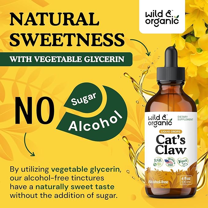 Wild &amp Organic Cats Claw Herb Supplement - Immune Support - Pure Cats Claw Tincture - Add to Tea Liquid Drops - Uncaria Tomentosa Bark - Vegan Sugar &amp Alcohol-Free - 4 fl oz