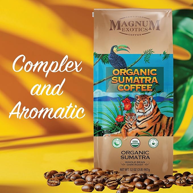 Magnum Exotics Organic Sumatra Gayo Mountain Whole Bean Coffee - Dark Roast Coffee Beans Caffeinated Roasted Bulk Brew Rich &amp Smooth Flavor Fresh Roast - 32 oz (2 lb) Bag