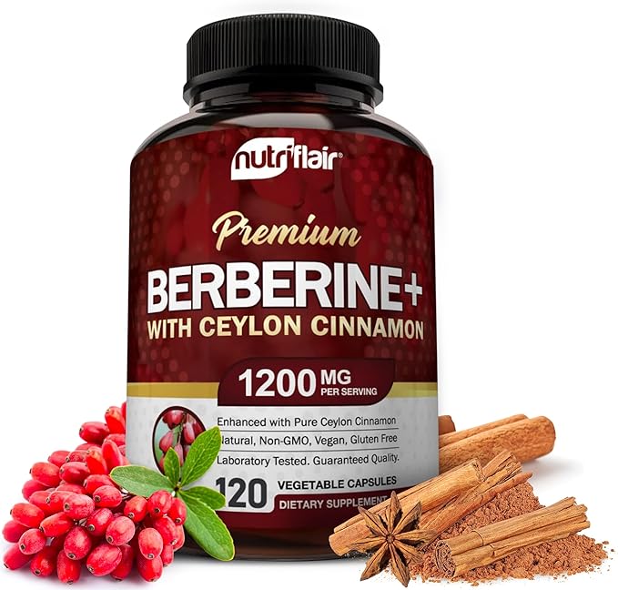 NutriFlair Premium Berberine HCL 1200mg 120 Capsules - Plus Pure True Ceylon Cinnamon Berberine HCI Root Supplements Pills - Immune System - Made in USA