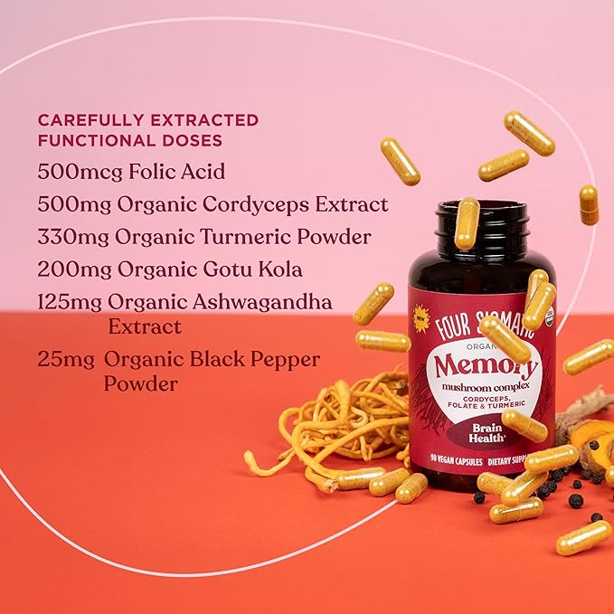 Four Sigmatic Memory Capsules | Reduce Brain Fog &amp Improve Memory | Nootropic Supplement for Brain Support with Cordyceps Mushroom Gotu Kola Turmeric Ashwagandha &amp Folate | 30 Servings