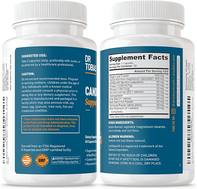 Dr. Tobias Candida Support Gut Flora Balance Complex with Oregano Caprylic Acid Enzymes &amp Probiotics Support Intestinal Detox Cleanse &amp Gut Health for Women &amp Men 60 Capsules 30 Serv