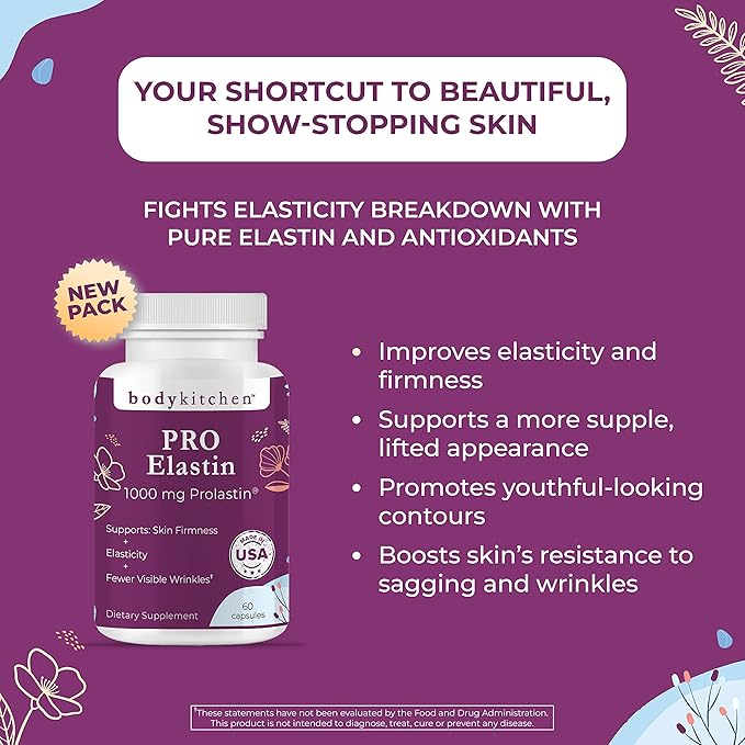 Body Kitchen Pro-Elastin 1000 mg Elastin Supplement Help Reduce Signs of Aging Improved Skin Health Firmness &amp Elasticity Fewer Wrinkles Veggie Caps (Pack of 2)