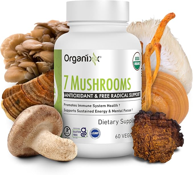 Organixx USDA Organic Mushroom Supplement 7 Fermented Mushrooms – Lions Mane Shiitake Cordyceps Turkey Tail Reishi – for Immune &amp Digestion Support 60 Vegetarian Capsules