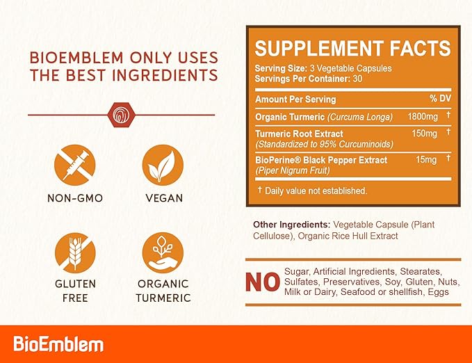 BioEmblem Turmeric Curcumin Supplement with BioPerine | Joint Support &amp Heart Health | with Organic Turmeric Powder &amp 95% Curcuminoids Extract | California Made Non-GMO 90-Day Supply
