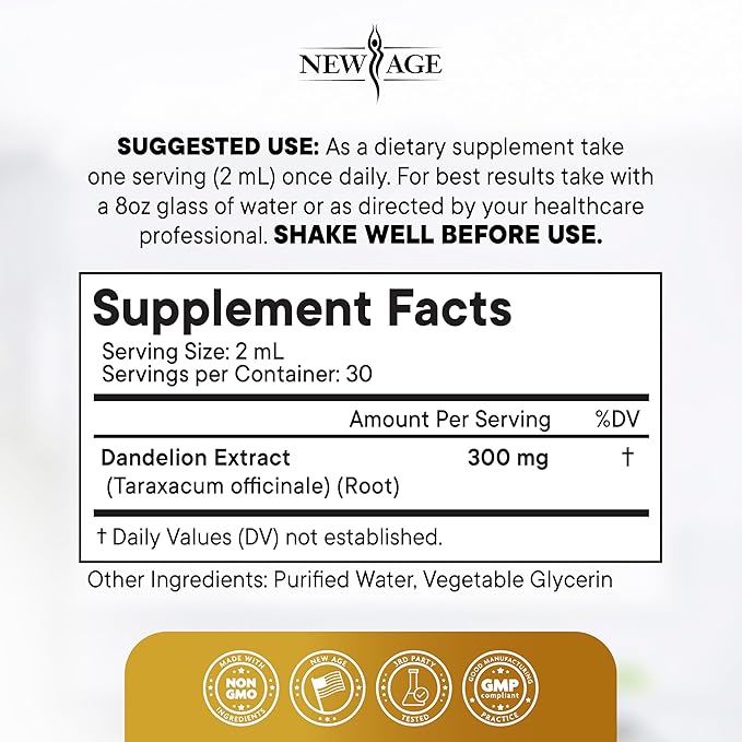 NEW AGE Dandelion Root Extract Drops - Liver Cleanse Detox Support - Dandelion Tincture for Liver Support - Vegan Sugar &amp Alcohol-Free Liquid Supplement - 8 fl oz