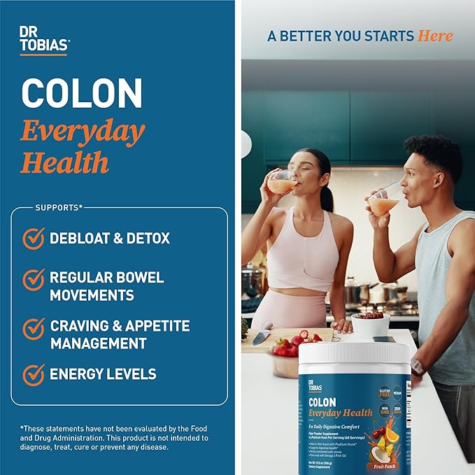 Dr. Tobias Colon Everyday Health - Gut Health for Women &amp Men - Psyllium Fiber Powder Drink with 4g Psyllium Husk Powder per Serving Vegan Gluten Free Non-GMO Fruit Punch 60 Servings
