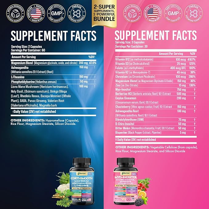 Cortisol &amp Myo-Inositol Supplement Bundle Soothe &amp Smooth Bundle 13-in-1 Cortisol Balance Magnesium Ashwagandha L-Theanine D-Chiro Inositol Folate Berberine Chasteberry (150 Capsules)