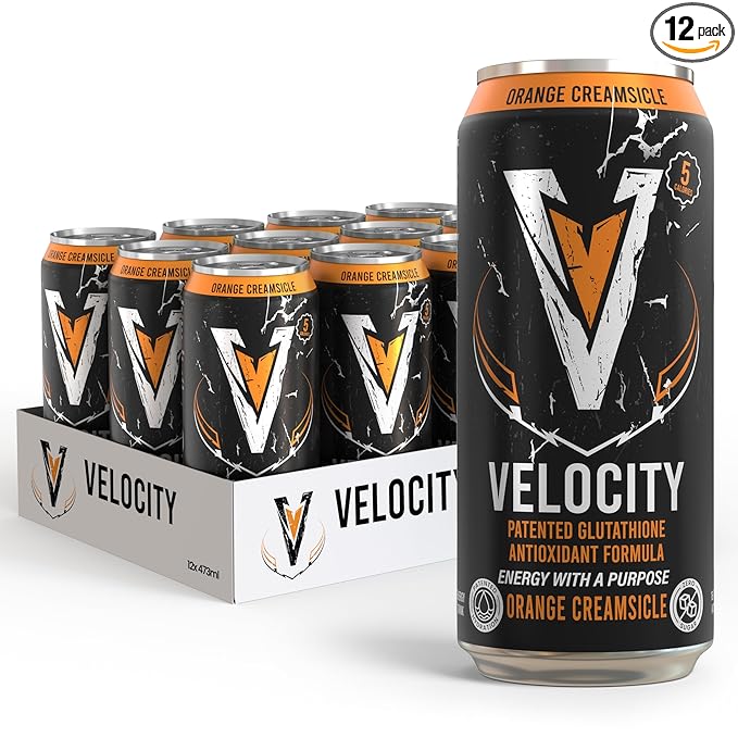 Velocity Orange Creamsicle Sparkling Energy Drink with Patented Glutathione Antioxidant Formula Zero Sugar Keto 12 Pack (16 oz Cans)