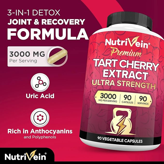 Nutrivein Premium Tart Cherry Capsules 3000mg: Ultra Strength Tart Cherry Extract Supplement for Post-Athletic Recovery Detox Rest &amp Mobility