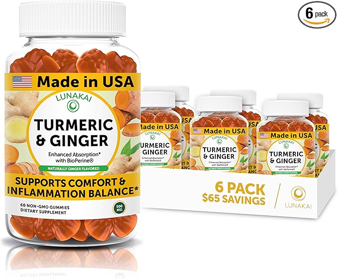 Lunakai USA Made Turmeric and Ginger Supplement Gummies 500mg with Black Pepper – High Absorption Curcumin Turmeric Gummies for Joint Comfort Daily Immune Support Non-GMO - 6 Pack