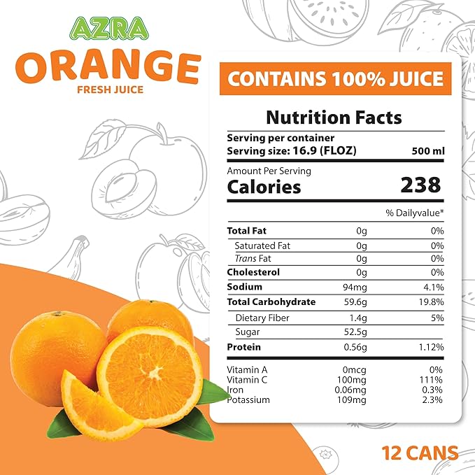 AZRA 100% Orange Juice 500ml Cans (Pack of 12) - Pure Fruit Juice Beverages - Healthy Juice with No Added Sugar Fresh Orange Juice Taste Vitamin C Rich Healthy Drinks 12 Count