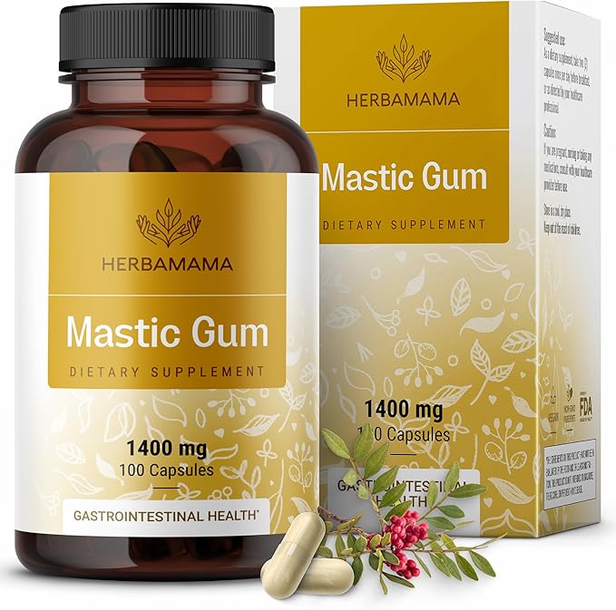 HERBAMAMA Mastic Gum Capsules 1400mg - Gut &amp Digestive Support with Mastic Gum Supplement - Vegan Non-GMO Resin Digestion Capsules