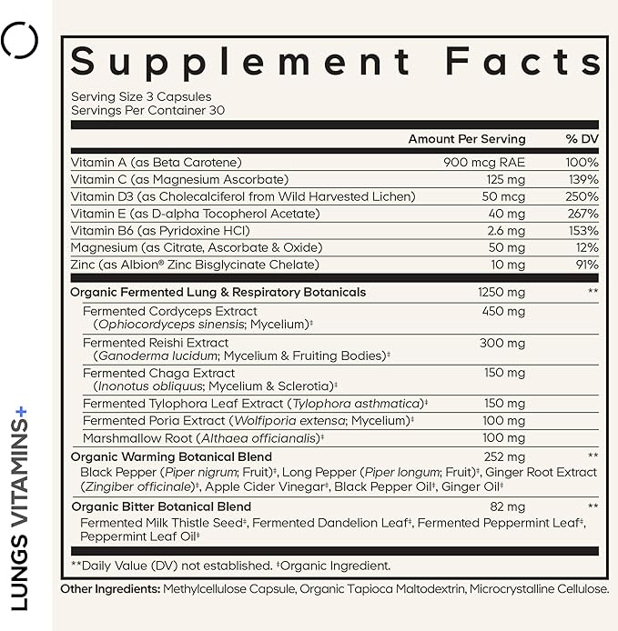 Codeage Lungs Vitamins A C D E B6 Milk Thistle Lung Supplement Zinc &amp Magnesium Cordyceps Reishi Chaga Poria Tylophora Ginger Peppermint Leaf Organic Herb Cleanse - Non-GMO - 90 Caps