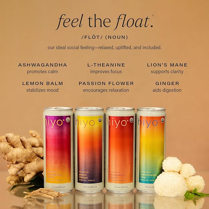 Hiyo Organic Social Tonic – Tropical Pack 12 Pack - N.A. Functional Seltzer Sparkling Water Crafted with Organic Adaptogens Nootropics &amp Botanicals