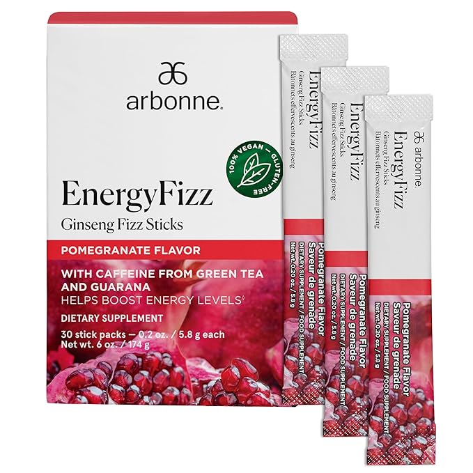 Arbonne Ginseng Energy Supplements - PomegranateFlavor Fizz Sticks Energy Boost with Caffeine Powder from Guarana and Green Tea Delicious Alternative to Caffeine Pills
