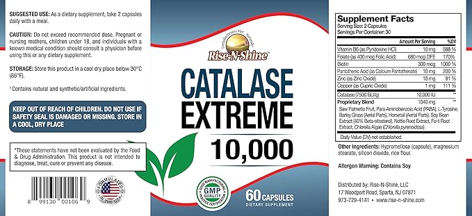 Rise-N-Shine Catalase Extreme Supplement 10000 with Saw Palmetto Biotin Fo-Ti PABA - Hair Supplements for Strong Hair - 1440 Capsules - Pack of 24 (24-Month Supply)