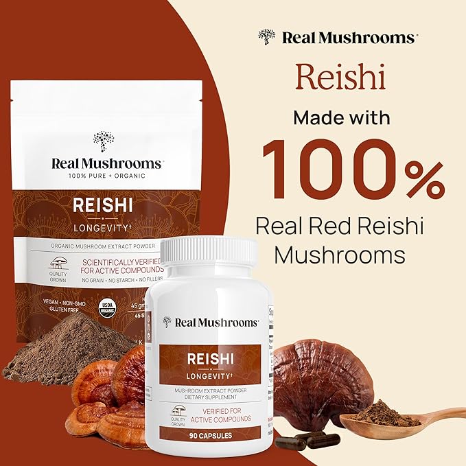 Real Mushrooms Reishi Mushroom Capsules - Handpicked Organic Mushroom Extracts - Red Reishi for Tranquil Daily Wellness with Verified Beta Glucans Vegan Non-GMO No Grain Fillers 90 ct (Pack of 2)