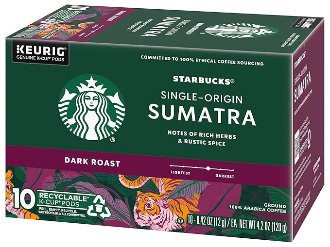 Starbucks Coffee K-Cup Pods Single-Origin Sumatra Coffee Dark Roast 100% Arabica Coffee Keurig Genuine K-Cup Pods 10 CT K-Cups/Box (Pack of 3 Boxes)