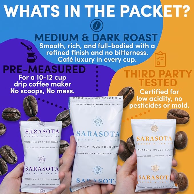 Coffee Packets Bulk 2 oz | Pre-Measured Ground Coffee Frac Packs | 12-Cup Drip Brewer Bags | Medium Roast Colombian &amp Dark Roast Variety | 100 Count