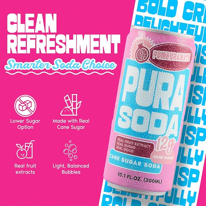 PuraSoda® Pomegranate | 65 Calories &amp 12g Pure Cane Sugar per Can | Non-GMO Vegan | Made with Pure Cane Sugar Clean &amp Refreshing | 10 fl oz (300ml) Cans Pack of 24