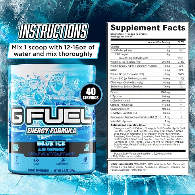 G Fuel Blue Ice Energy Drink Powder Pre Workout Caffeine Mix for Gaming Sugar Free Focus Amino Vitamin + Antioxidants 9.9oz (Blue Raspberry 40 Servings)