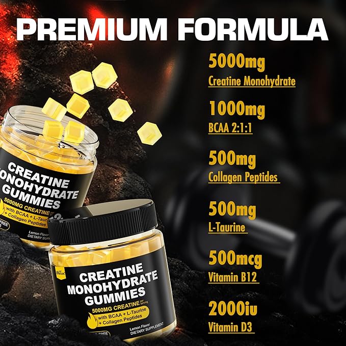 Creatine Monohydrate Gummies for Men &amp Women - with BCAA Collagen Peptides L-Taurine Vitamin B12 D3 Chewables Creatine Monohydrate 5g Per Serving Natural Lemon Flavor Sugar Free 2 Pack