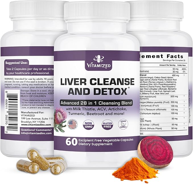 Liver Cleanse Detox &amp Repair Fatty Liver Supplements 28-in-1 Advanced Herbal Liver Health Supplement Formula - Milk Thistle Silymarin Artichoke Extract Dandelion &amp Apple Cider Vinegar - 60 P