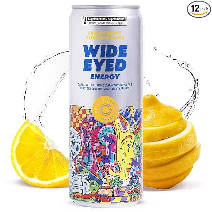 Collective Arts Wide Eyed Energy Drinks | Naturally-Flavored Caffeinated Vitaminized Sparkling Beverage With Fruit Extracts | Lemon Berry BOOST | Pack of 12 | 12 fl oz.(355ml)