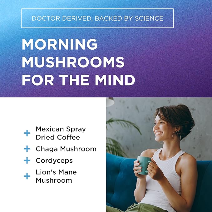 Dr. Emil Mushroom Coffee for Focus &amp Energy - Instant Coffee with Lions Mane Chaga &amp Cordyceps - Delicious Caramel Flavor &amp Potent Mushroom Powder Blend