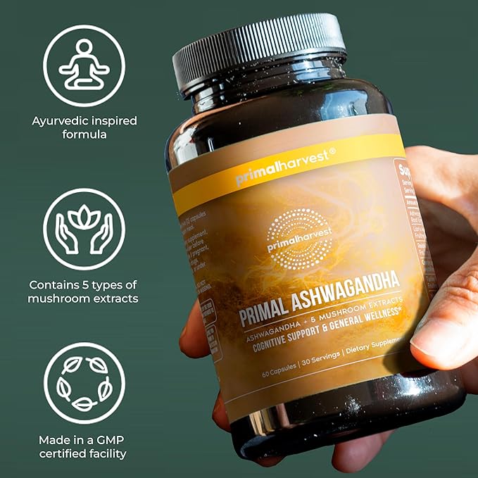 Primal Harvest Ashwagandha Supplement with 5 Mushroom Extracts: Lion’s Mane Reishi Cordyceps Turkey Tail &amp Maitake for Immune Support &amp Cognitive Health