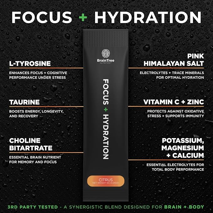 BrainTree Nutrition - Focus + Hydration - Electrolyte Drink Mix - Total Body Hydration - Supports Cognitive Function Energy &amp Muscle Recovery - Sugar Free - Citrus - 30 Stick Packs