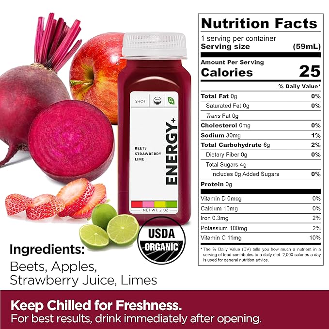 O2 Living Energy+ Organic Cold Pressed Juice Shots | Apple Strawberry Lime and Beet Juice for Active Lifestyle | 25 Calories | No Added Sugar or Water | Natural Sweetness | Non-GMO | 2 oz 12-Pack