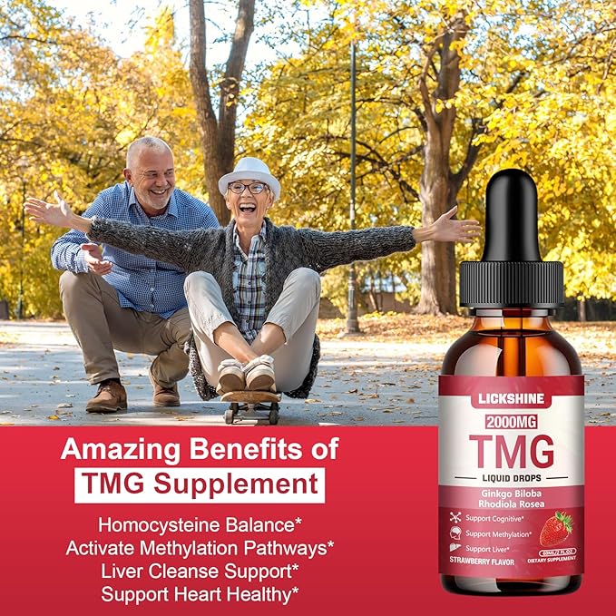 2 Packs 2000MG TMG Suupplements Liquid Drops - Trimethylglycine Ginkgo Biloba Rhodiola Rosea &amp Vitamins B High Absorption Brain Function - Strawberry Flavor 4 Fl.Oz