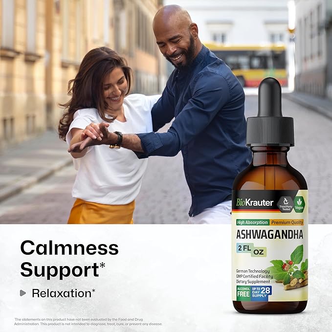 BIO KRAUTER® Ashwagandha Supplements - Liquid Drops Pure Vegan Ashwagandha for Women &amp Men 685 mg per Serving 2 Fl.Oz 28-Day Supply - Used for Mood Magic &amp Relaxation Support - Alcohol &amp S