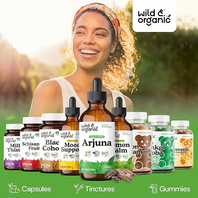Wild &amp Organic Arjuna Bark Extract Drops - Antioxidant Support - Terminalia Arjuna Extract Supplement - Add to Tea &amp Mix with Powder - No Sugar &amp Alcohol Non-GMO Vegan - 4 fl oz