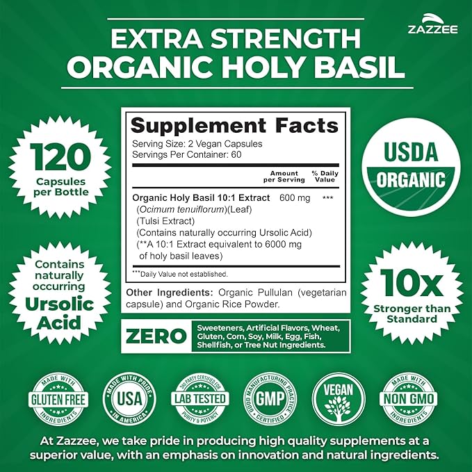 Zazzee USDA Organic Holy Basil 10:1 Extract 120 Vegan Capsules 4 Month Supply Tulsi Extract Ursolic Acid Ocimum Tenuiflorum Antioxidant &amp Stress Support All-Natural Non-GMO Made in the US