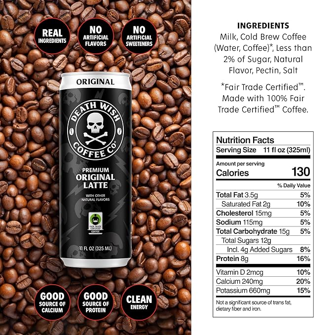 Death Wish Coffee Iced Coffee Cold Brew 8g Protein Fair Trade (Classic Latte)
