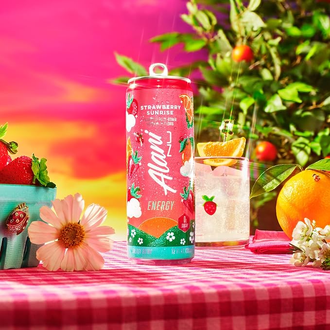 Alani Nu STRAWBERRY SUNRISE Sugar Free Low Calorie Energy Drinks 200mg Caffeine Biotin B Vitamins Zero Sugar 10 Calories 12 Fl Oz Cans 12 Pack
