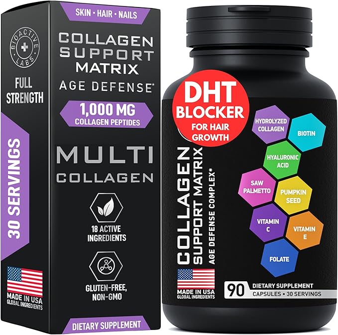 Age Defense Beauty Collagen Matrix - 2000mg Multi Collagen Biotin Keratin Hyaluronic Acid Saw Palmetto Vitamin C Supplement Complex - DHT Blocker for Men &amp Women for Hair Growth - 90 Gluten-Free