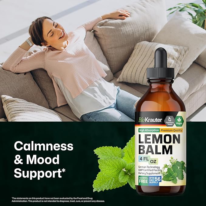 BIO KRAUTER® Lemon Balm Tincture 680 mg Melissa Officinalis - Pure Vegan Lemon Balm Extract 4 Fl.Oz 56 Days of Supply - Natural Calming &amp Sleep Support - Alcohol &amp Sugar Free - Digestion &amp