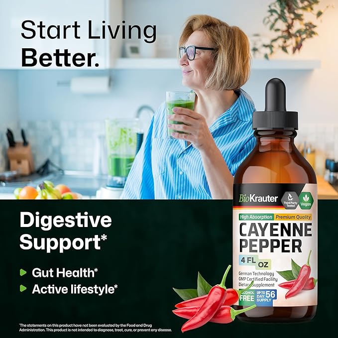 BIO KRAUTER® Cayenne Pepper Drops 684 mg - Pure Vegan Cayenne Pepper Supplements 4 Fl.Oz 56 Days of Supply - Natural Capsaicin for Digestive Support - Alcohol &amp Sugar Free Non-GMO