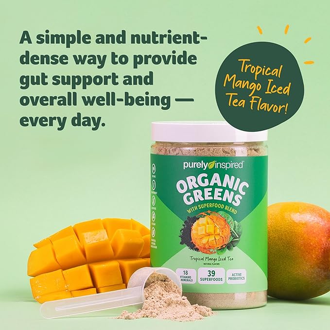 Purely Inspired Organic Green Powder Smoothie Mix Tropical Mango Iced Tea Flavor (30 Servings) - Probiotics for Digestive Health with Spirulina &amp Chlorella for Gut Health - Vegan