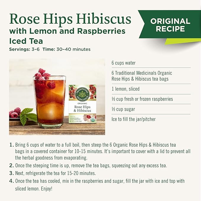 Traditional Medicinals Tea Organic Rose Hips &amp Hibiscus - Supports Everyday Wellness - Kosher Non-GMO Caffeine-Free - 96 Tea Bags (Pack of 6)