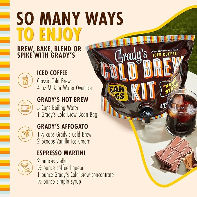 GRADY’S COLD BREW New Orleans Style 100% Arabica Ground Coffee &amp Chicory Pouches All-in-One Cold Brew Kit with 12 Easy-to-Brew Beans Bags Makes 36 drinks