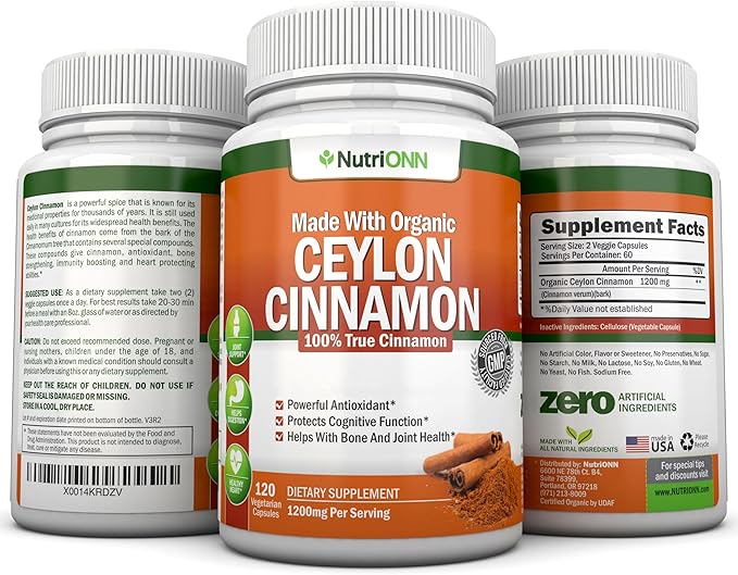 Organic Ceylon Cinnamon 1200 mg | 120 Vegan Capsules | True Cinnamomum verum from Sri Lanka | Non-GMO Third-Party Lab Tested Low Coumarin GMP Certified