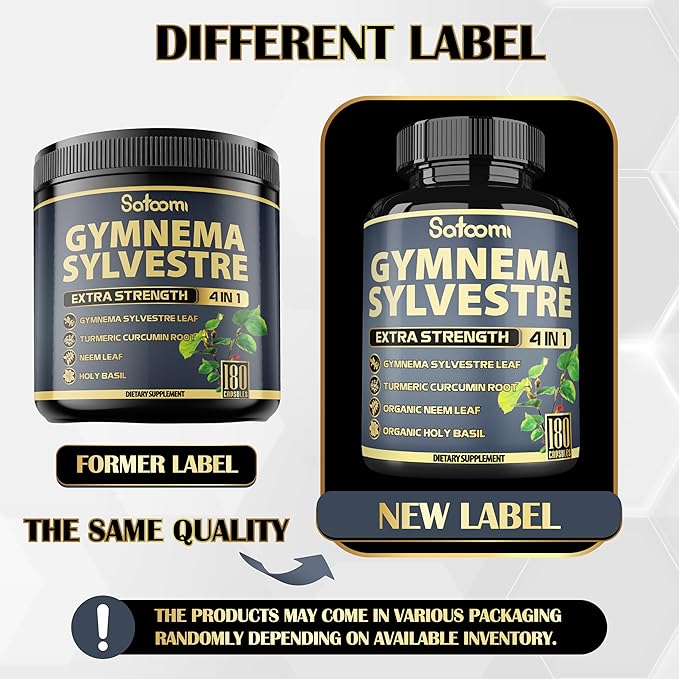 Satoomi Pure Gymnema Sylvestre Capsules Extract - 180 Capsules of 6 Month - Blended with Neem Leaf Holy Basil &amp Turmeric Curcumin Root