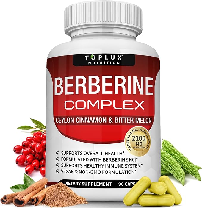 Toplux Berberine with Ceylon Cinnamon and Bitter Melon 2100mg - High Purity 97% HCL Berberine Supplement Supports Overall Health &amp Immune System Non-GMO Vegan 90 Capsules