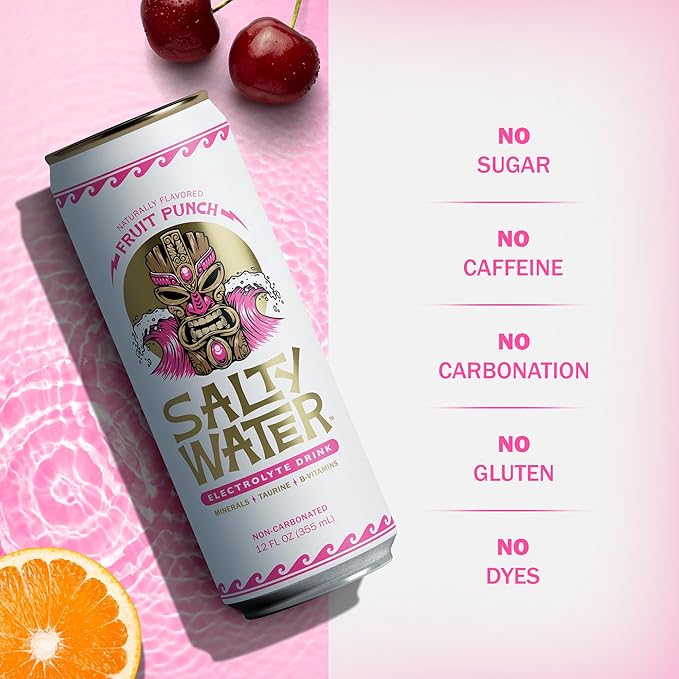 SaltyWater Electrolyte Drink Fruit Punch – Zero Sugar Premium Hydration Drink 10 Calories Minerals Taurine B-Vitamins Non-Carbonated - Zero Caffeine Electrolyte Sports Drink - Gluten Free - 12 P